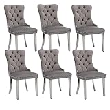 Shenyon Velvet Dining Chairs Set of 6, Upholstered Dining Room Chairs with Back Ring Pull Trim and Sliver Stainless Steel Legs,Modern Kitchen Chairs Perfect for Dining Room,Kitchen(Grey)