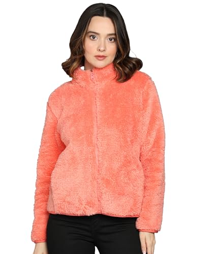 Image of Alan Jones Clothing Women's Fluffy Yarn Fleece Full-Zip Jacket | Soft Lightweight Warm Outerwear with Stand Collar & Piping at Hem & Cuffs