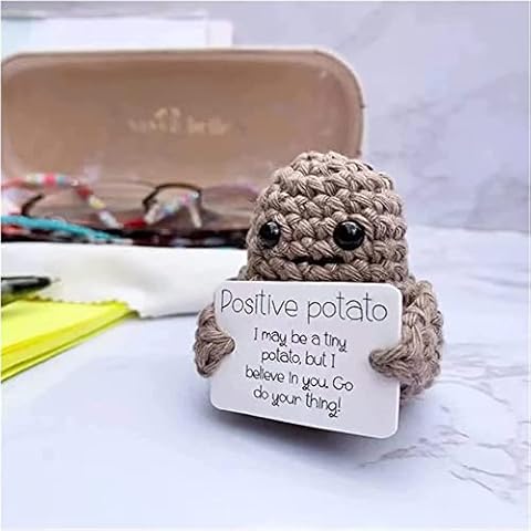 Funny Positive Potato Ornaments, Cute Wool Knitting Doll Potato Toys with Positive Card, Funny Knitted Potato Christmas Birthday Gift Home Office Decoration Dolls, Gift for Men Women Kids (A) Cover