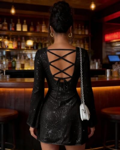 Image of Women Sparkle Sequins Mini Dress Sexy Tie Back Bodycon Dress Long Sleeve Shiny Evening Dresses Night Out Party Outfits