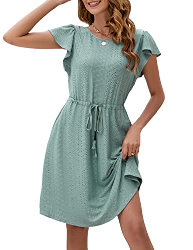 Blooming Jelly Women's Casual Dresses A Line Ruffle Short Sleeve Green Dress 2023 Summer Knee Length High Waist Eyelet Dress With Pockets (Green,Large) #TOP20