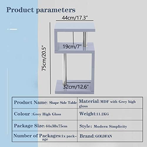 GOLDFAN Side Table S Shape Coffee Table Modern High Gloss End Tables 2 Tier Storage Shelves Unit for Living Room Bedroom,Grey