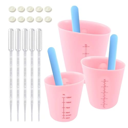 HMCEY 3 Stück Silikon Messbecher Gießpulver 125/250/500 ML,Silikonbecher zum Gießen,Silicone Measuring Cups,Mischbecher Epoxidharz Mit Mischstab, Tropfer, Fingerbetten,Gipsbecher für DIY Basteln