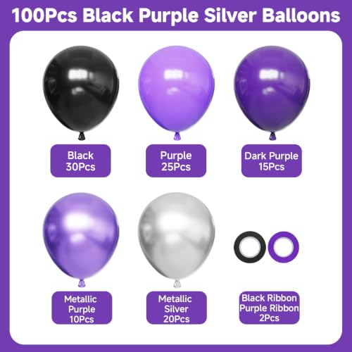 Purple and Black Balloons, 100Pcs Halloween Black Purple Silver Balloons by Mobacurty - Used condition - Image 2