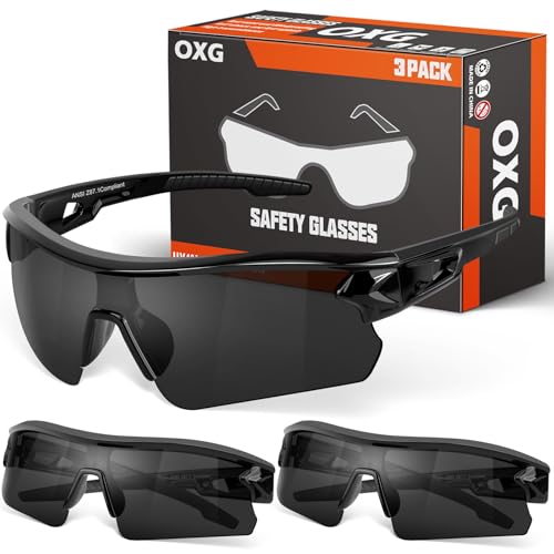 OXG 3 Pack Tinted Safety Glasses for Men, ANSI Z87.1 Work Glasses Scratch Impact Resistant Protective Eyewear for Industrial Shooting Women