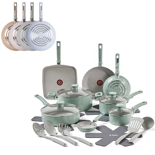 T-Fal Refresh Ceramic Nonstick Cookware Set, 20-Piece, Oven Safe to 350°F, Stockpot, Ceramic Pots and Pans Set, Frying Pans, Griddle, Utensils, Mint Green  
