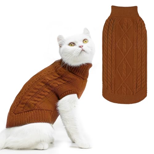PUPTECK Winter Cat Sweater Coat - Soft Warm Cold Weather Clothes Knitwear for Kittens & Small Dogs Indoor Outdoor Wearing, Knitted Classic for Doggies Kitties Girls Boys, Brown, L