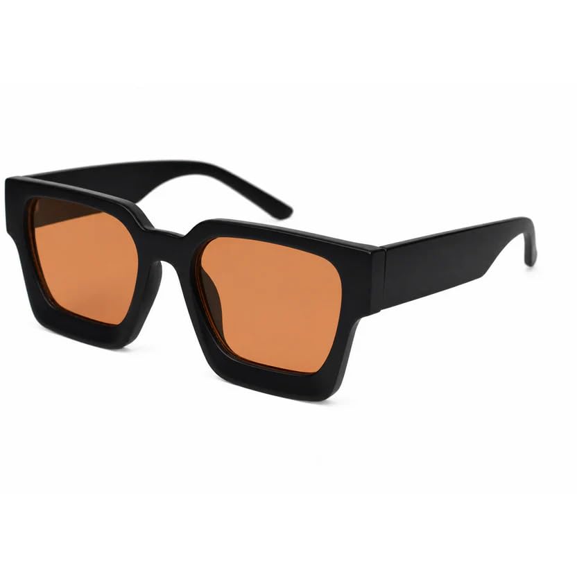 Image of ELINE Premium Black Square Sunglasses for Men | Orange UV Protection Lenses | Bold Designer Eyewear | Lightweight Fashion Shades for Driving, Travel & Outdoor Wear