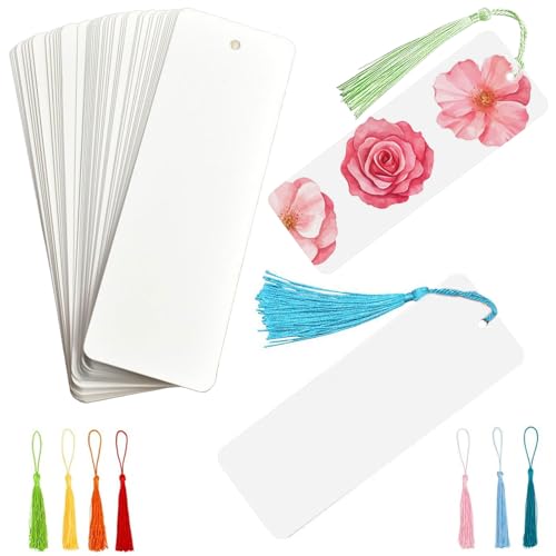 xinxinlovee Blanko Lesezeichen, 40 Stück Leeres Lesezeichen mit 40 Bunten Quasten, Papier lesezeichen Basteln mit Loch, für DIY Handwerk Geschenkanhänger (Weiß, 15x5cm)