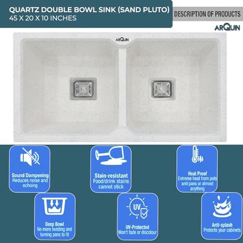 Image of ARQUIN Double Bowl Quartz Kitchen Sink 45x20x9 Inch Sand Pluto | Undermount,Topmount | Including Coupling,Sink Connector,Waste Pipe & Fruit Washing Basket