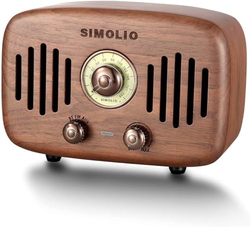 SIMOLIO Portable Vintage Retro Bluetooth Speakers with Powerful 2x8W Ultimate Stereo Sound, Nature Black Walnut Wood Bluetooth Speaker with CSR Chip, FM Radio and AUX, HD Sound and Bass,Gift Ideas