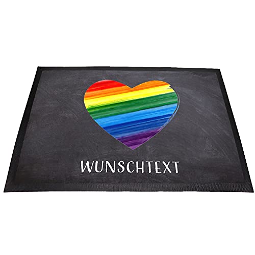 Personalisierte Regenbogen Fußmatte mit Wunschname / Wunschtext | Waschbar | rutschfest | Innen & Außen | (Regenbogen Herz) Cover