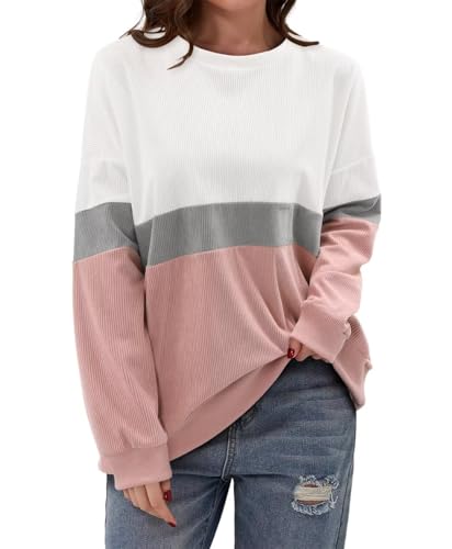 KISSMODA Womens Casual Long Sleeve Sweatshirts Color Block/Solid Tops Corduroy Crewneck Tunic Pullover with Pockets