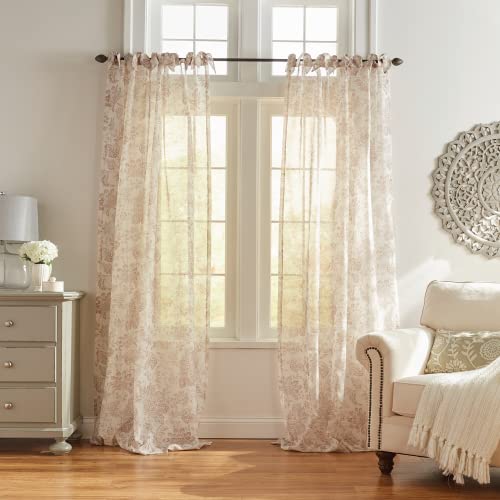 Elrene Home Fashions Floral Cottagecore Tie-Top Sheer Window Curtain Panel, Poly-Linen Blend, Flax, 52" W x 84" L (Pack of 1)