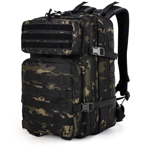 TANTOMI Militär Rucksack, 45L Outdoor Rucksack, Schwarz, 50 cm x 30 cm x 28 cm, Wasserdicht, Tactical Backpack für Reisen, Outdoor-Abenteuer, Wandern, Camping, Training, Fitness