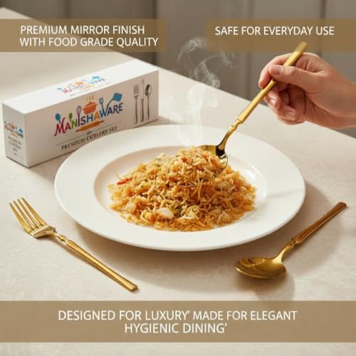 Image of Classic Gold 4 Pcs Stainless Steel Cutlery Set for Dining Table, Dishwasher Safe Glossy Flatware (Perfect Spoon Fork Set)
