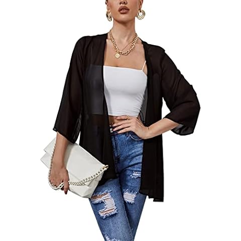 Heynino Women’s Sheer Chiffon Casual Kimono Cover ups Tops Lightweight Beach Cardigans Blouse Shawl Black XL Cover
