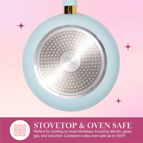 Image of Paris Hilton Epic Nonstick Pots and Pans Set, Multi-layer Nonstick Coating, Tempered Glass Lids, Soft Touch, Stay Cool Handles, Made without PFOA, Dishwasher Safe Cookware Set, 12-Piece, Aqua