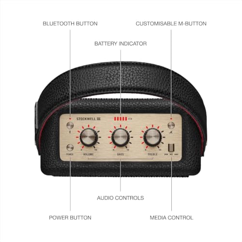 Image of Marshall Stockwell III Portable Bluetooth Speaker with 40+ Hours of Playtime, (360 True Stereophonic Sound), IP55 Dust & Water Resistant, M Button for Presets - Black & Brass.