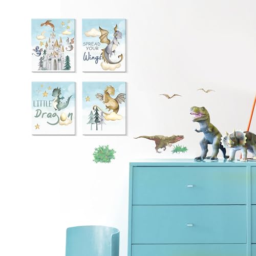 Image of CHDITB Dinosaur Canvas Wall Art Nursery Wall Decor, Set of 6(8x10 inch) Cute Dream Dinosaur Cub Framed Art Prints, Baby Dinosaurs Cartoon Castle Animals Poster For Children's Boy Kids Room Bedroom