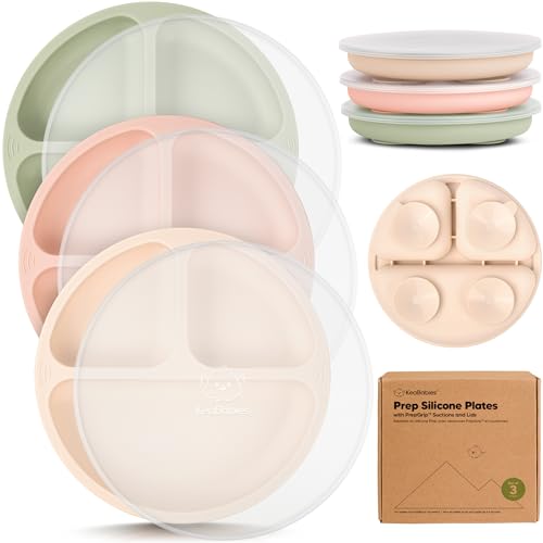 Image of KeaBabies Suction Plates with Lids for Baby - 3-Pack 100% Silicone Toddler Plates with Suction, Divided, BPA-Free Baby Led Weaning Essentials for Kids, Dishwasher, Microwave Safe, Durable (Macaron)