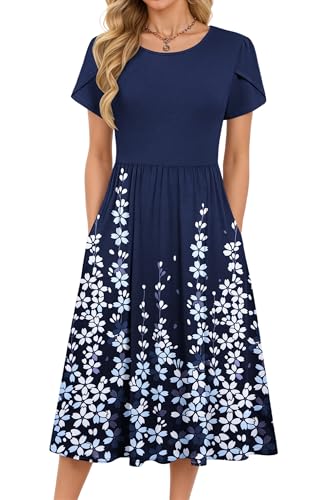 MOLERANI Summer Dresses for Women UK - Round Neck Short Sleeve Elegant Tunic Dress Classic Midi Dress with Pockets Navy White Cherry Blossom S