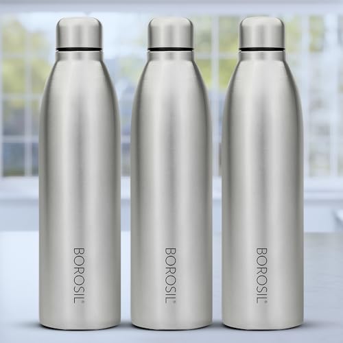 Image of Borosil 950 ml Hydra 3pc Set of Juno Stainless Steel Water Bottle | ISI Certified, Made in India Bottle | Single Wall, Leakproof, BPA Free| Bottle for Office, School, College & Gym | 1 Year Warranty