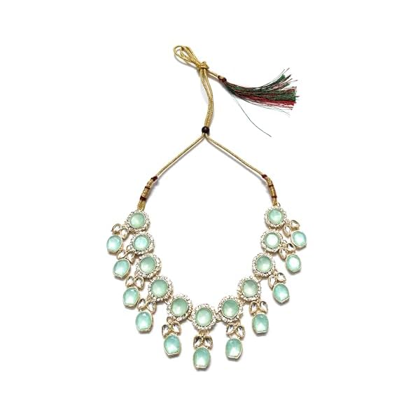 SHARVARI IMITATION JEWELLERY sea green kundan necklace set with studded earrings and maangtika - Image 4