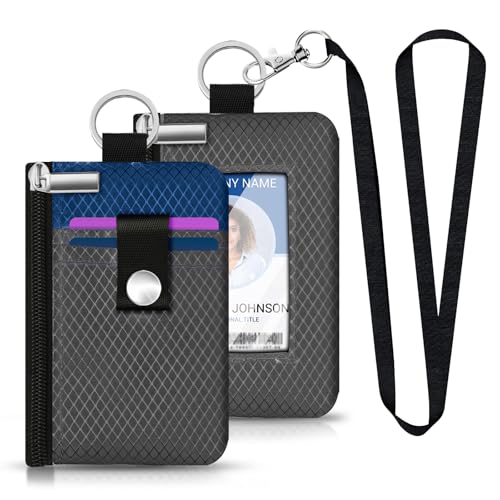 Image of Minimalist RFID Blocking Small Wallet with ID Window,WaterResistant Zip Id Case Wallet with Lanyard Keychain for Cards,Cash,Travel,Women,Men (DarkGrey /Electric Blue)