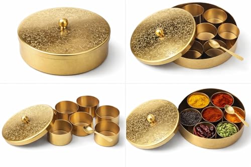 Image of Handcrafted Masala Box with Spoon | 7-Container Spice Box (40 ml Each) | 7 Inch Masala Dabba for Kitchen Storage | Traditional Masala Petti Spice Container Set | Iron