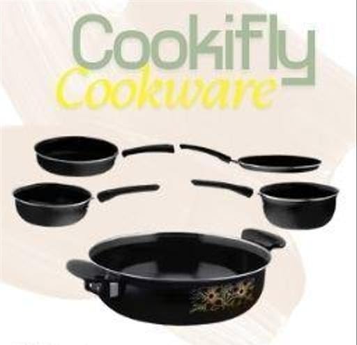 Image of Induction Base Non Stick Cast Iron Cookware Set of 5 Piece Kadai Tawa Frypan Saucepan Tadka Pan Kitchen Set Black Free Size