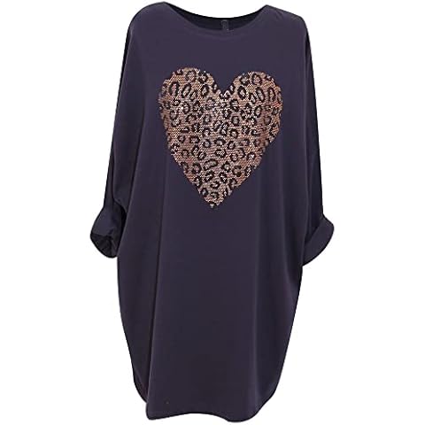 Storm Island® Women Italian Heart Top Ladies Animal Print Cotton Top Plus Size Tunic Shirt Summer Casual Wear Batwing Sleeves Shirt for Women Girls Long T-Shirt Heart Design One Size Blouse 14-24 UK Cover