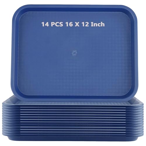 ZOENHOU 14 Pack 16 x 12 Inch Plastic Fast Food Tray,Rectangular Plastic Cafeteria Trays Serving Trays for Serving Food, Blue
