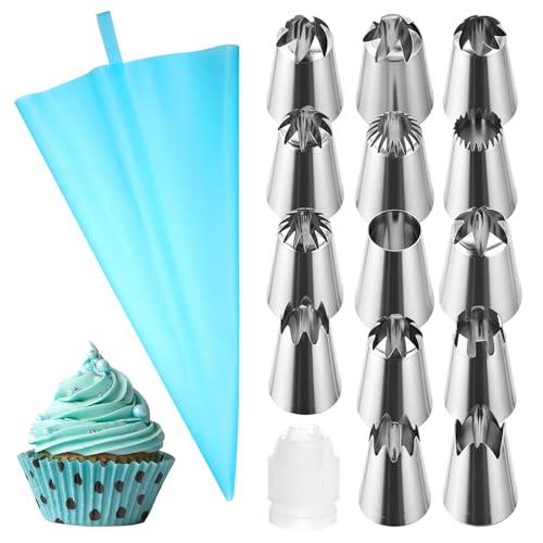 12PCS Large Piping Tips Set Stainless Steel Frosting Tips with Reusable Pastry Bag Cake Decorating Tip Set Silver Pastry Cake Decorating Tip for Cookie Cupcake Cakes and Baking