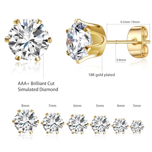 Gemsme 3-8mm Cubic Zirconia Gold Earrings for Women/Men Trendy - Hypoallergenic Stainless Steel With 18K Yellow Gold Plated 6-Sprong-setting Round CZ Stud Earrings Set - 6 Pairs by Gemsme - Used condition - Image 2
