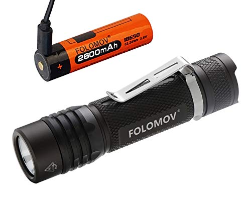 FOLOMOV 18650S Super Compact(3.9 Inch) Light Weight(50 Gram) Tactical Flashlight with USB Charge Battery,900 Lumins,5 Brightness Modes,Many Functions,IPX-8 Waterproof,Black Hard Anadizing