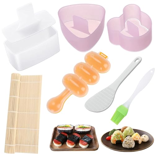 7 Pack Onigiri Mold, Rice Mold Musubi Maker Kit, Non Stick Spam Musubi Maker Press Rice Ball Mold Shake Sushi Roller Mat Tool for Kids Bento Lunch and Home DIY (Triangle & Bear)