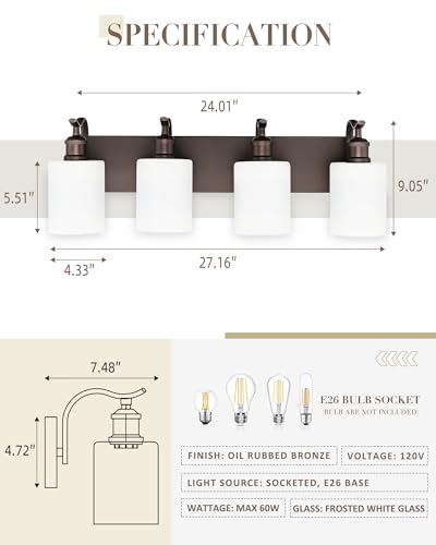 Image of 4 Light Bathroom Vanity Light, Morden Bathroom Lighting Fixtures Over Mirror Oil Rubbed Bronze Modern Wall Sconce with Milky White Frosted Shade ZCVL01ORBW-4