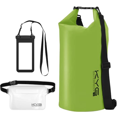KYG Bolsa Estanca Impermeable 5L/10L/20L Set de Mochila Estanca con Funda de Móvil y Bolsa de Cintura, Bolsa Seca para Playa y Deportes al Aire Kayak Senderismo Esquí Pesca Escalada Césped Verde