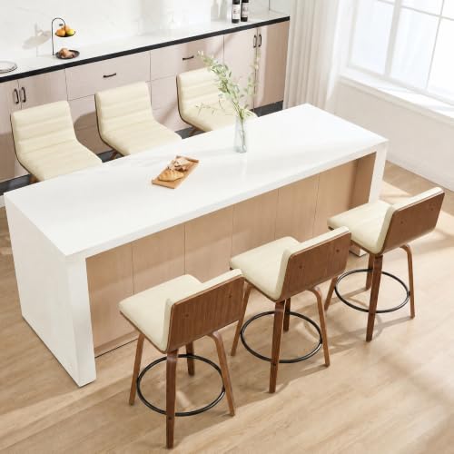 Image of Swivel Bar Stools Set of 6,26 inch Faux Leather Counter Height Barstools with Back,Mid Century Modern Upholstered Bar Chairs with Bentwood Legs Island Stools for Kitchen Counter Beige