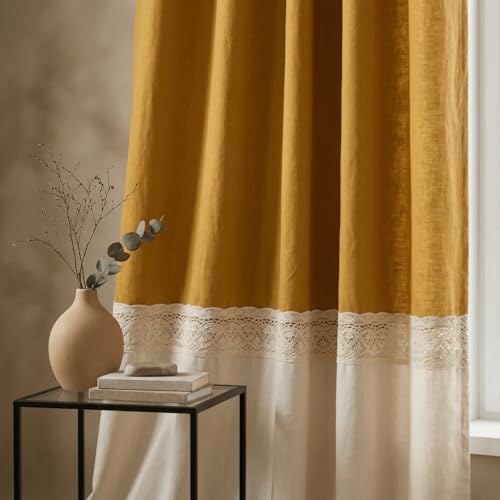 Image of Peepul Tree Cotton 7ft Door Curtain in Mustard & Off White | Top to Bottom Reversible Design| Woven Block Colours with Crochet Border | Semi Blackout 70% Light Blocking