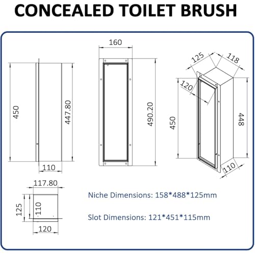 Support de brosse WC et niche de douche, brosse de toilette cachée en acier inoxydable avec fermeture élastique – Économie d'espace, design invisible, facile à nettoyer pour rénovation de salle de