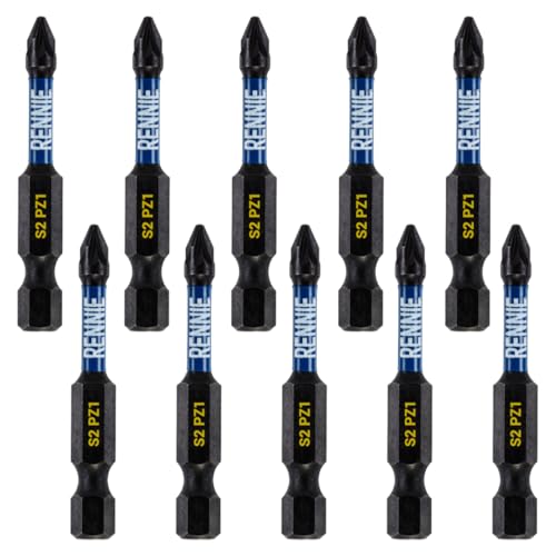 10 x Rennie Tools 50mm Long PZ1 Impact Screwdriver Driver Bits Set. Heavy Duty PoziDriv POZI No.1 Magnetic Screwdriver Bit Set. PZ1 Impact Driver Bits Pozidrive Screw Accessories.