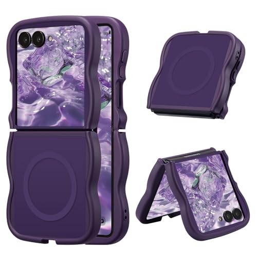 UEEBAI Magnetic for Samsung Galaxy Z Flip 7 5G Case, Compatible with MagSafe, Transparent Wave Frame Design Case Soft Edge Cover Cute Clear Matte Shockproof Protective Phone Case, Purple