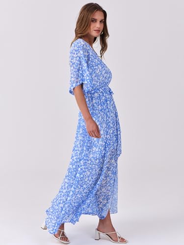Image of ANRABESS Womens Boho Floral Wedding Guest Maxi Dress | Flowy A-Line Chiffon with Slit, Elegant V Neck Wrap Elastic Waist, Casual 1 /2 Sleeve Spring Summer Outfits, Tea Party