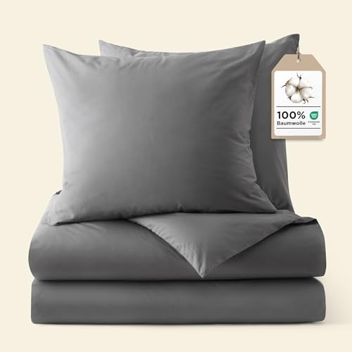 BEDSURE Bettwäsche 135x200 Baumwolle 4teilig - Bettwäsche-Sets Grau Bettbezug 2er Set mit 2 Kissenbezüge 80x80 cm, Oeko-TEX Bedding Anthrazit mit Reißverschluss