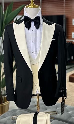 Men's Black and Ivory Tuxedo with Wide Shawl Lapel – 3 Piece Formal Suit with Vest and Trousers4