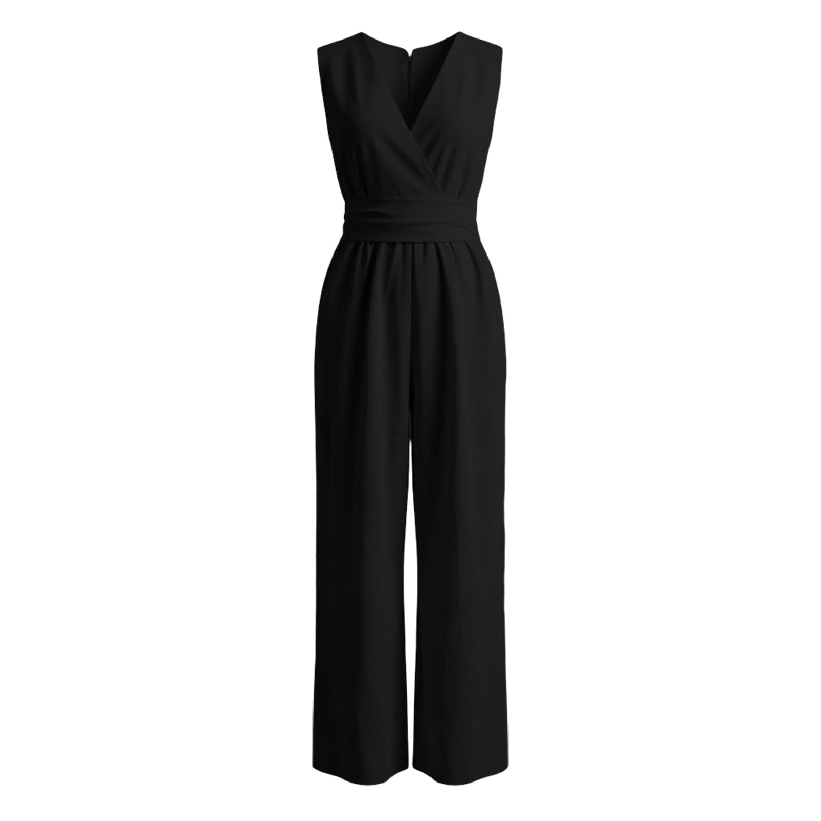 Générique Combinaison Femme Élégante Col V sans Manches Jambes Larges avec Poches Chic Ete Couleur Unie Ensemble Fluide Décontracté Pantalon Loose Casual Combishort Pour Travail Bureau Soirée Mariage