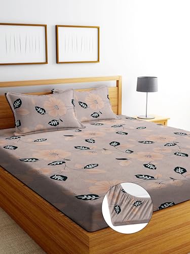 Image of DECORUM Glace Cotton Fitted 1 Bedsheet King Size (72 inchx78 inch) | All Around Elastic | Cotton Feel | 2 Pillow Covers (17 inchx27 inch) | Fits Up to 8 inch Mattress | 200-220 TC | Printed Double Bed Sheet Set