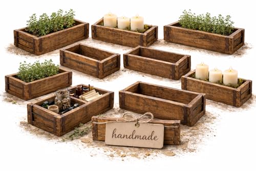 MC-Trend 10 Stück Ziegelsteinform aus Holz – rustikale Holzkiste zum Bepflanzen – Altholz Blumenkasten – Backsteinform mit Metallbeschlägen – jedes Stück ein Unikat – Holz Zieglform